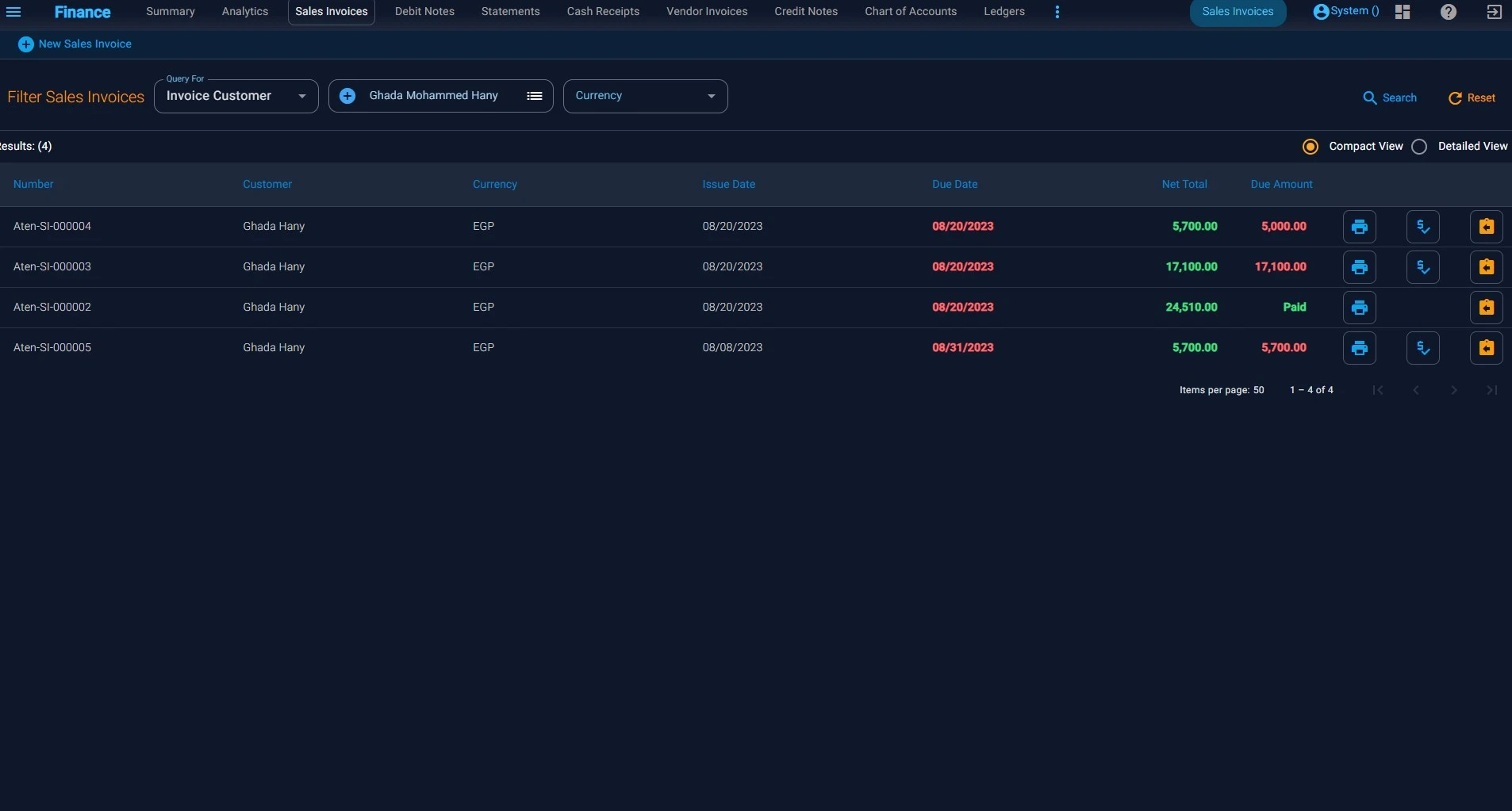 Atum sales invoices, finance module window