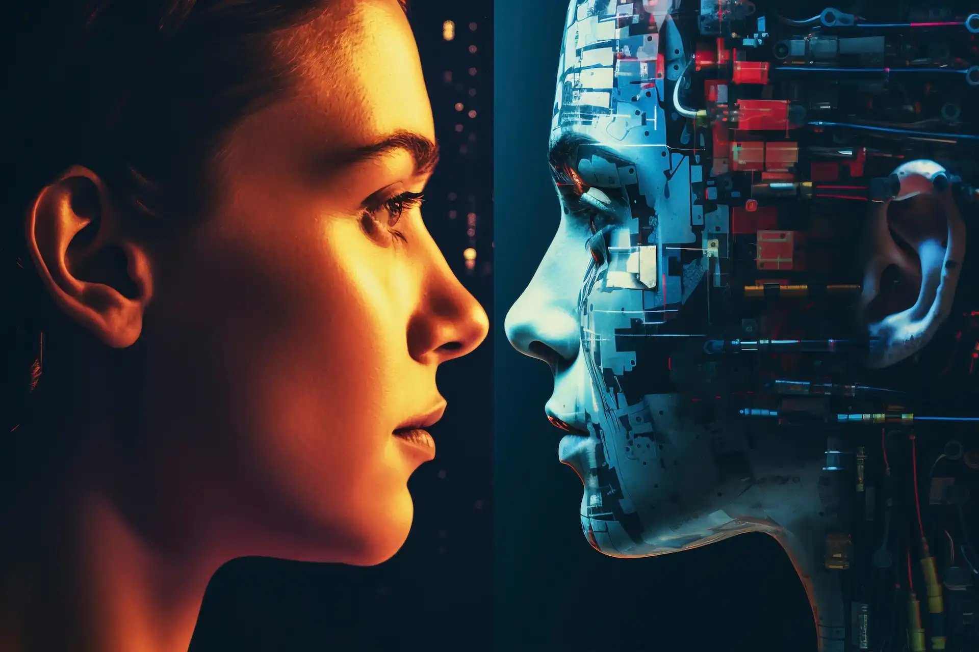 woman and AI robot facing each other